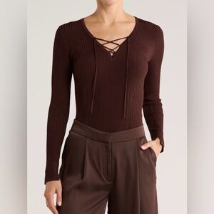 Jason Wu Crisscross Tie Sweater V-Neck Top - Maple Shadows Brown NWT Large